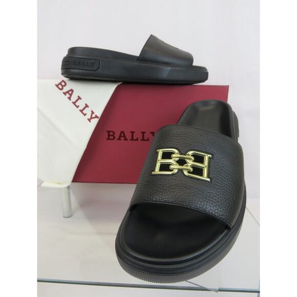 NIB BALLY JAXONS BLACK LEATHER B CHAIN GOLD LOGO SANDALS FLOPS SLIDES 11 D main image 7